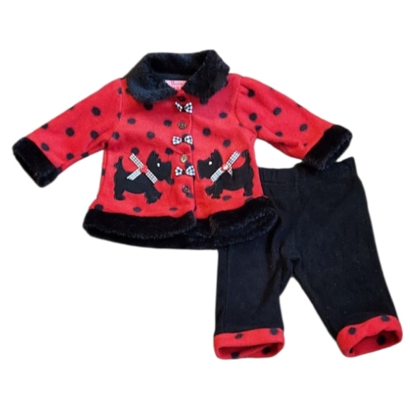 Red and Black Polka Dot Scotty Dog Fur Jacket And Matching Pants ~Sz Newborn - Picture 1 of 4